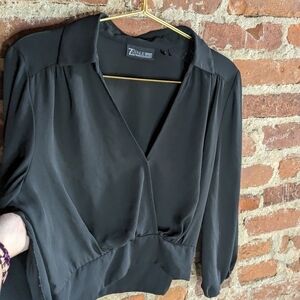 New York & Company 7th Avenue Black Wrap‎ Flowy Top w/ Tie Waist & Side Zipper